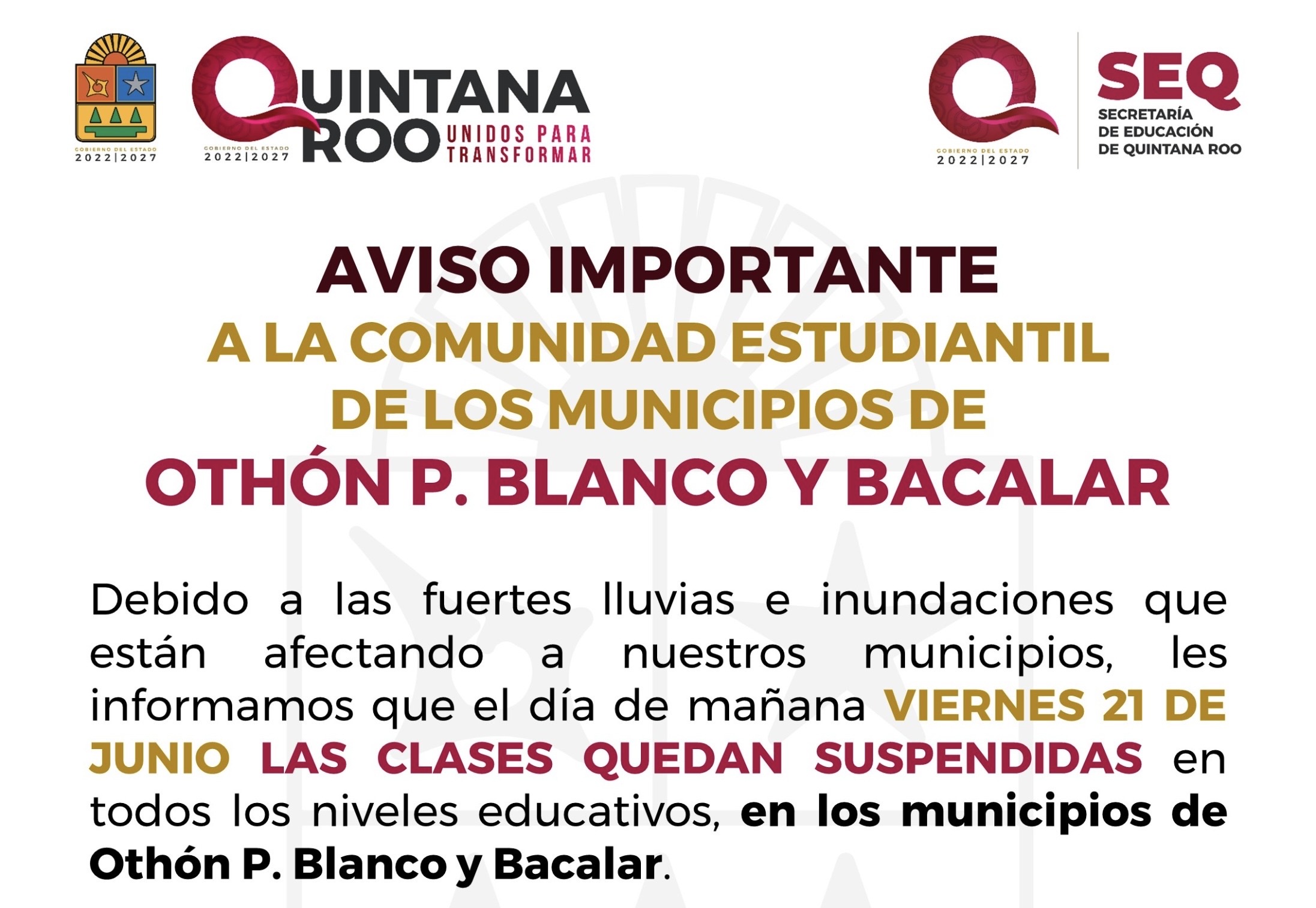 Permanecerán suspendidas las clases este viernes 21 de junio en Othón P. Blanco y Bacalar