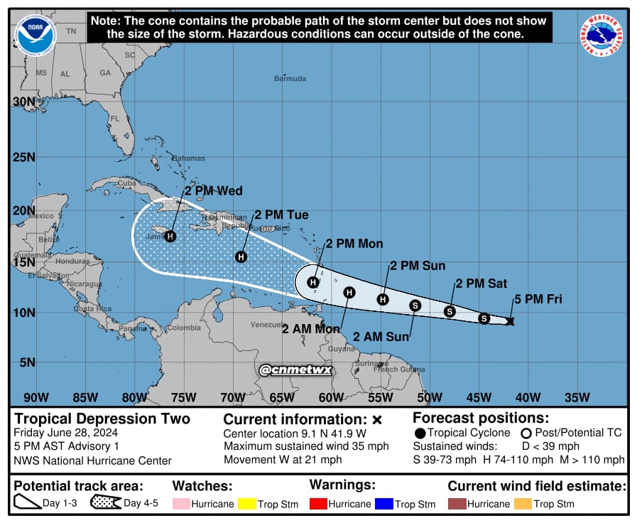 Se forma la Depresión Tropical 2 en el Atlántico; se desplaza hacia el Caribe